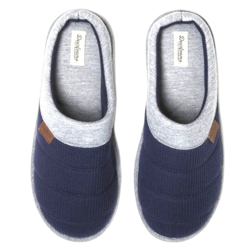 Dearfoams Mens Size M 9-10 Navy Knit Memory Foam Indoor Outdoor Slippers NIB
